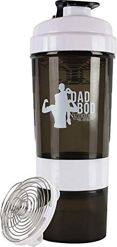 Dad Bod Nutrition Funny Protein Shaker Wasserflasche 3-teilig mit Aufbewahrung Weiß Rand für Proteinpulver Mixer Becher