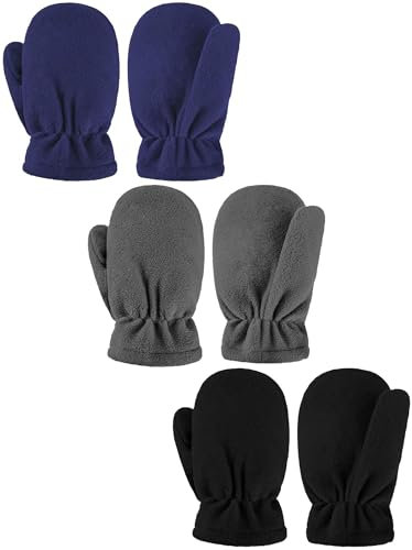 Boao 3 Paar Vlies Kleinkind Fäustlinge Winter Winddichte Warme Kinder Handschuhe (Schwarz, Grau, Marineblau, 2-3 Jahre)