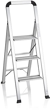 hjh OFFICE 801104 Klappleiter mit 3 Stufen SOLID V Aluminium Trittleiter mit Sicherheitsbügel, bis 150kg belastbar, klappbar