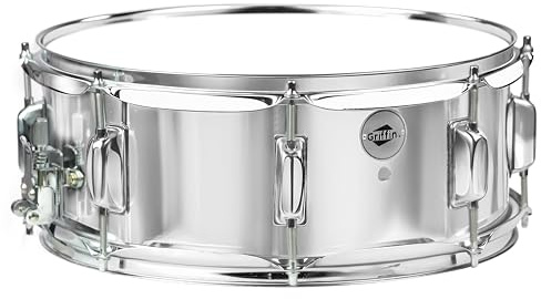 GRIFFIN 14 x 5.5 Steel Snare Drum (MetalPRO Edition) – Chrome Shell with 8 Lugs, Throw Off Strainer, White Head & Drum Key – Percussion Instrument Kit