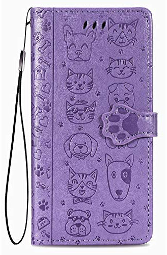 Fertuo Case for iPhone 12 Pro/iPhone 12, Leather Wallet Case with Cute Cat Dog Embossed Pattern [Card Slots] [Kickstand] [Inner TPU Shell] Flip Cover for Apple iPhone 12 Pro / 12 6.1 inch, Purple