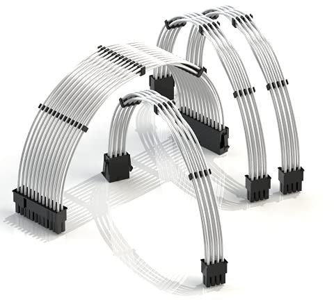LINKUP - 30cm Extension de Câble PSU 18AWG Veste en Téflon Cuivre sans Oxygène Mod Personnalisé GPU PC avec Peigne Pack Unique | 1x24P (20+4) | 1x8P (4+4) CPU | 2x8P (6+2) GPU | 300mm - Argent