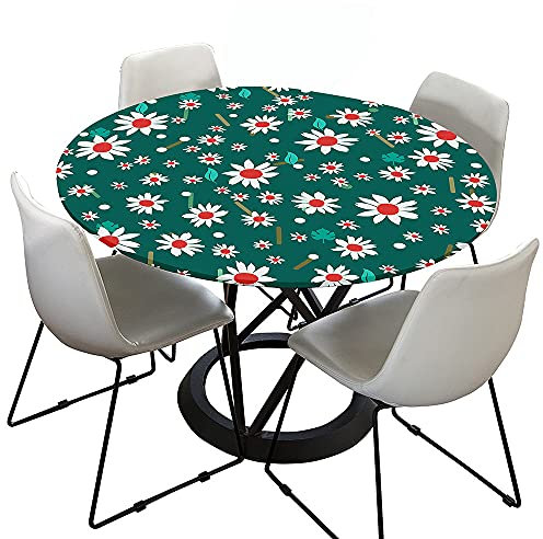 Tischdecke Abwaschbar Rund 100cm, Elastisch Lotuseffekt Tischdecke Outdoor 3D-Druck Tischdecken Daisy Table Cloth für Garten Restaurant, Ideal für 80cm-90cm