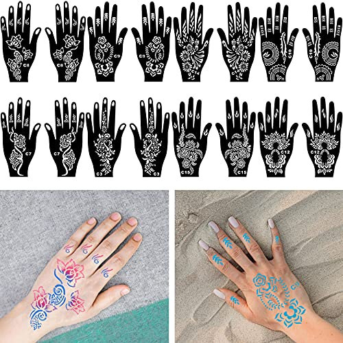 Aresvns 16 Stück Indien Henna Schablonen Set für Frauen Finger Hände Körperbemalung, DIY Air Brush Temporäre Tattoo Schablonen für Mädchen