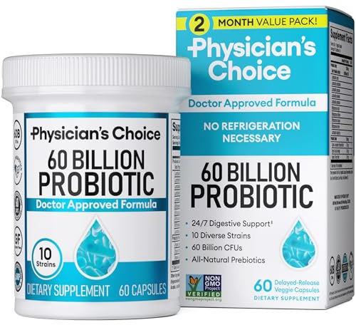Physician's CHOICE Probiotics 60 Billion CFU - 10 Strains + Organic Prebiotics - Immune, Digestive & Gut Health - Supports Occasional Constipation, Diarrhea, Gas & Bloating - for Women & Men - 60ct