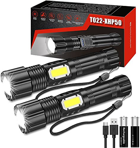 AOMEES LED Torch, Super Bright Rechargeable Torches (2 Pack), USB Rechargeable Flashlight IPX6 Waterproof, Adjustable Focus 5 Lighting Modes for Camping, Power Cut, Emergency, Hiking