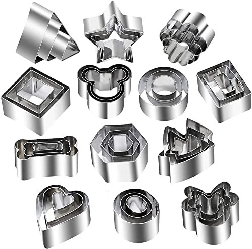Vpqnee 39-teiliges Mini-Ausstecher-Set, kleine Edelstahl-Backformen für die Herstellung von 9 geometrischen und Einhorn-, Mickey-, Minnie- und Hundeknochenformen, Keksen, Kuchen