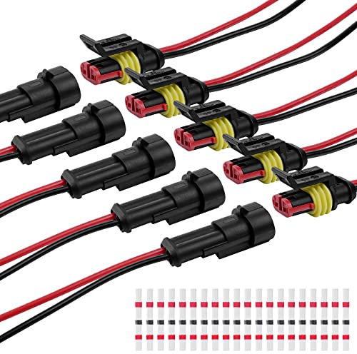 URAQT 5 Pares 2 Pines Conector Electrico Impermeable, 20 PCS Conectores Macho y Hembra, Solder Seal Conector Empalmes, Rápido Enchufe Terminal Kit para Automóviles, Moto, Barcos, Camiones