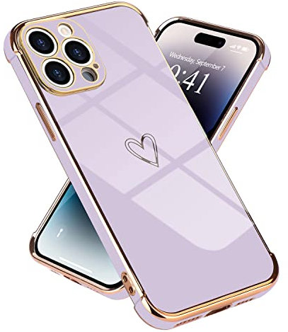 Micoden for iPhone 14 Pro Case Cute Girls Silicone Heart Pattern Design Cases Fashion Plating Edge Ultra Thin Shockproof Protective Bumper Phone Case for iPhone 14 Pro Purple