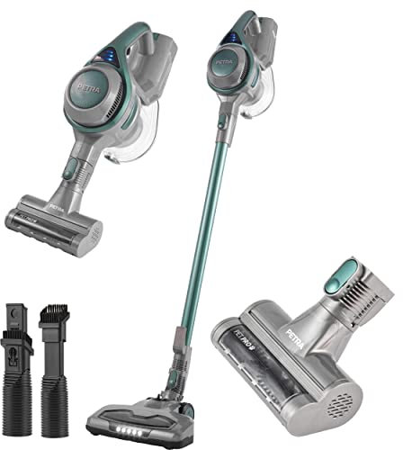 Petra PF01195VDEEU7 Aspirador Múltiple Inalámbrica Potente De La Gama Pet Plus+, Escoba y de Mano, Cepillo Para Eliminar Pelo De Mascotas Incluida, Filtro HEPA, Depósito de 1,2 l, Gris/Turquesa