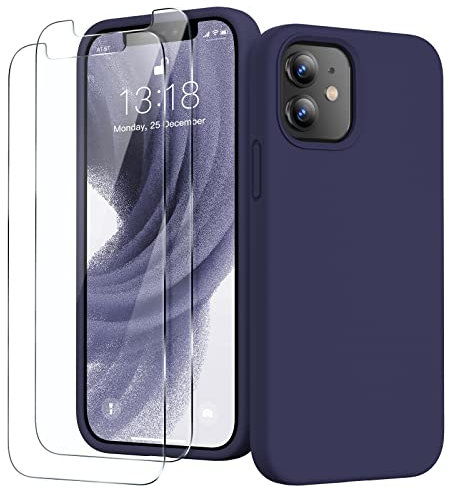GOODVISH 3 in 1 für iPhone 12 Mini Hülle mit 2 Stück Schutzfolie, Liquid Silikon Rundumschutz Handyhülle, mit Weichem Mikrofaser Innenfutter Stoßfestes Schutzhülle iPhone 12 Mini, Navy Blau