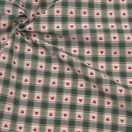 STOFFKONTOR Dekostoff Stoff bedruckt Landhaus Herzen 2 - Meterware, Farbe Grün-Rot - zum Nähen von Tischwäsche, Kissen, Vorhängen, Dekoartikeln uvm.