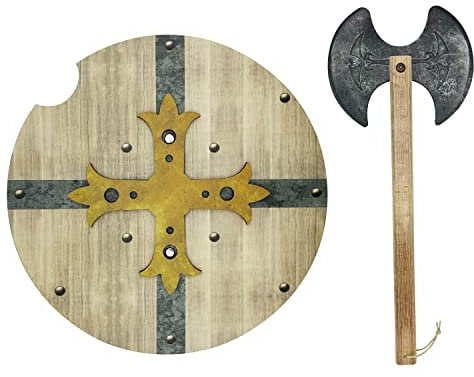 GERILEO Mittelalterliches Spielzeug Schild und Axt aus Holz - Spielzeug für Jungen und Mädchen - Spielzeug für Kinder, Mittelalterliche Kostüme, Vikinger, Ritter, Thor, Ragnar, Ritter (Grau)
