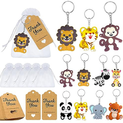 Luccyle 24 Sets Mini Schlüsselanhänger,Tier Schlüsselanhänger mit Kraft Tags und weiße Organza Taschen,Babyparty als Gastgeschenk,Dschungel Party Kinder Geburtstag Geschenk