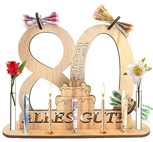 KEELYY Holz Schild Gästebuch 80 Geburtstag - Geburtstag Jubiläum für 80 Jahre Mann Frau - Gästebuch Geburtstag als Personalisierbares Geschenk - 80 Geburtstag Deko mit Ständer und Kerzenhalter