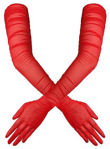 TOYMIS Women's Super Long 1920s Sexy Sheer Elegant Opera Gloves - Mesh Tulle Dance Gloves (Red)