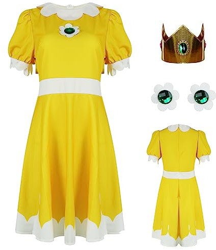 AYYOHON Prinzessin Pfirsich Cosplay Kostüm Damen Prinzessin Gänseblümchen Rosalina Tenniskleid mit Krone Ohrringe Erwachsene Halloween Anzug M