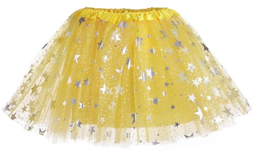 PLIKSUVER Jupes Tutu pour Filles, Etoiles Sequins 3 Couches en Jupes Tulle Enfants, Dance Ballet Tutu Jupes Taille Elastique Fête Anniversaire pour Filles 3-8 Ans (Jaune)
