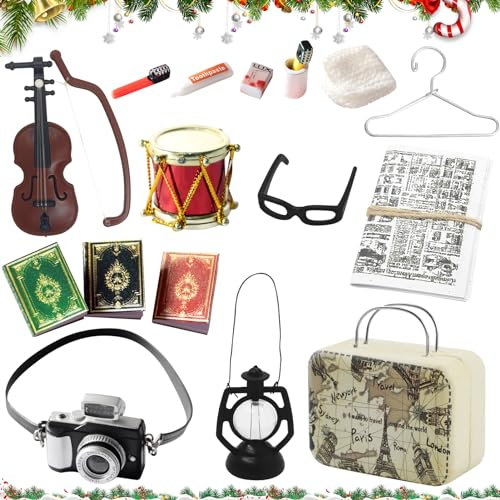 Shinybox Miniatur Zubehör, 17 Stück Miniatur Deko Puppenhaus Zubehör, Koffer Zahnpasta Zahnbürste Tasse Kamera Petroleumlampe Gitarre Bücher Brille Zeitung DIY Dekor Geschenk für Puppenhaus