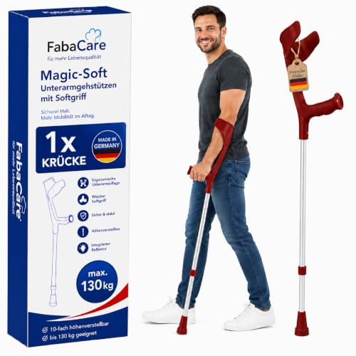 FabaCare Krücke mit Softgriff Magic-Soft, Unterarmgehstütze mit Softgrip, Gehhilfe höhenverstellbar, leichte Gehstütze, Unterarmkrücke bis 130 kg, Weinrot