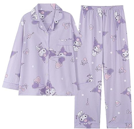 WANHONGYUE Kawaii Kuromi Pigiama Donna Ragazza Lungo Due Pezzi Maglietta Manica Lunga e Pantalone Lungo Set di Pigiama Camicie da Notte Abbigliamento per La Casa Viola M