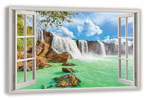 HUBDECO Leinwandbild Fensterblick Wasserfall Bild 120x80 cm - Landschaftsbilder auf Leinwand - Wandbilder Wohnzimmer - Bild Fenster mit Ausblick - Aesthetic Room Decor - Wanddeko Schlafzimmer