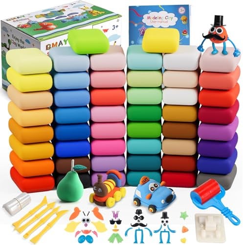 QMAY Modelliermasse-Set, 50 Farben, lufttrocknender, ultraleichter Ton, sicher und ungiftig, tolles Geschenk für Kinder
