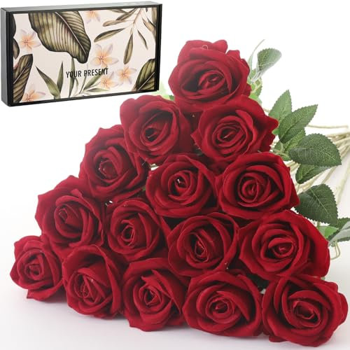 Cloudecor 15Pcs Small Fake Roses Velet Roses Long Stem Artificial Flowers Silk Flowers for Home Wedding Decoration (Pearl Roses,Deep Red)
