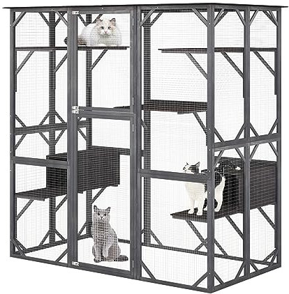 COSTWAY Large Outdoor Cat House, Walk-in Cats Enclosure with 7 Jumping Platforms, 2 Resting Boxes & Weatherproof Asphalt Roof, Wooden Cat Cage Condo Indoor Playpen