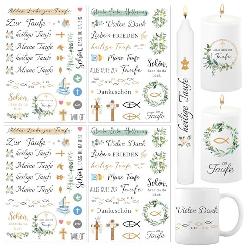 BETESSIN 4x Kerzen Tattoos Folie Taufe Kerzentattoo Kerzenfolie Kerzen Aufkleber Taufkerze Kommunion Sprüche Sticker mit Blättern Kerzensticker für Stabkerze Kerzen Tasse DIY Geschenk