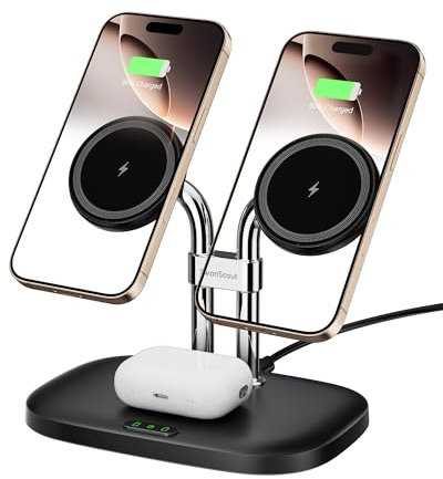 SwanScout Induktive Ladestation für iPhone, SwanScout 706M, Mag-Safe Doppel Ladestation Kompatibel für iPhone 16/15/14/13/12 Serie, für Airpods Pro 2/3/4, Kabelloses Ladegerät für 2 Handys
