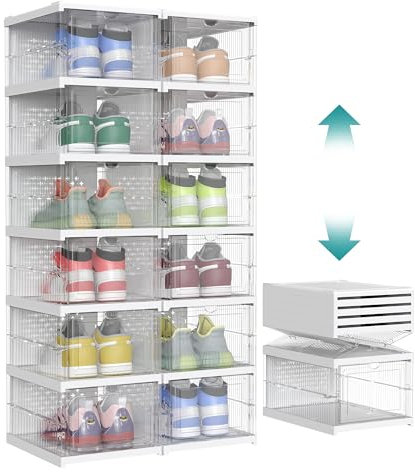 SONGMICS Schuhschrank 2er Set, mit 12 Schuhboxen, integrierter Schuh-Organizer, faltbar, tragbar, für Schuhe bis Größe 46, 1-Min-Montage, transparent-wolkenweiß LSP206W01