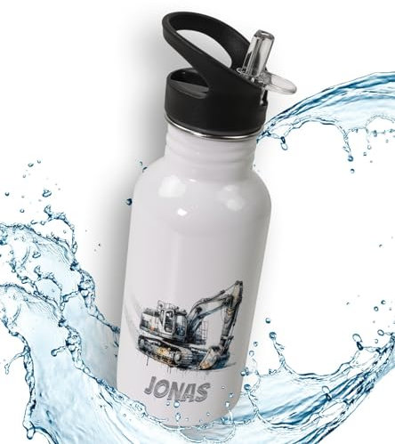 timalo® Trinkflasche für Kinder personalisiert mit Namen | auslaufsichere Edelstahl Sportflasche Kindergarten Schule Geschenk für Jungen und Mädchen 600mL | Bagger