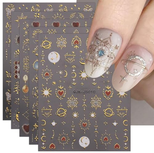 JMEOWIO 9 Sheets Heart Moon Star Nail Art Stickers Decals Self-Adhesive Colorful Gold Red Nail Supplies Nail Art Design Decoration Accessories