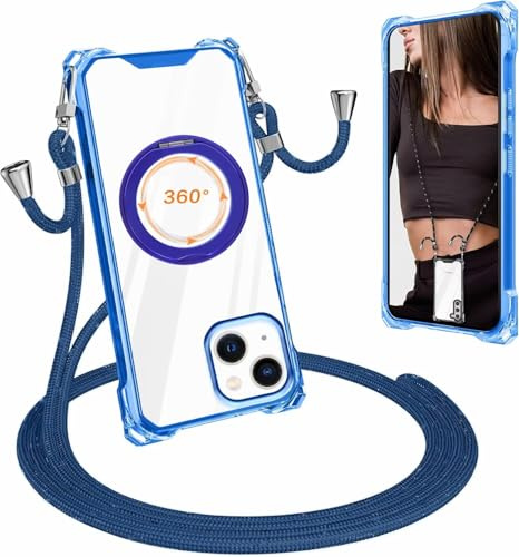 xinyunew Coque pour iPhone 14/iPhone 13 avec Cordon et 360 Degrés Anneau Support, Étui Housse Antichoc Souple Transparent Silicone TPU Bumper Portable Protection Case avec Amovible Collier, Bleu
