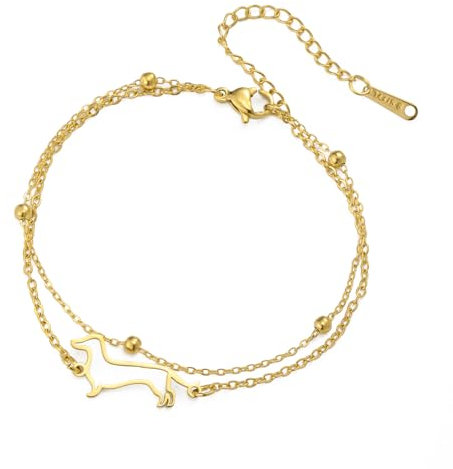 TEAMER Niedliches Dackel-Armband Wursthund Doppelketten-Armband Edelstahl Dackelliebhaber Tierschmuck für Frauen Männer (Gold)