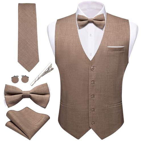 Barry.Wang Herren-Anzugweste, Leinen, formell/lässig, V-Ausschnitt, Krawatte, Fliege, Set, einfarbig, 6-teilig, Hochzeit, Party, Smoking, Braun, Large