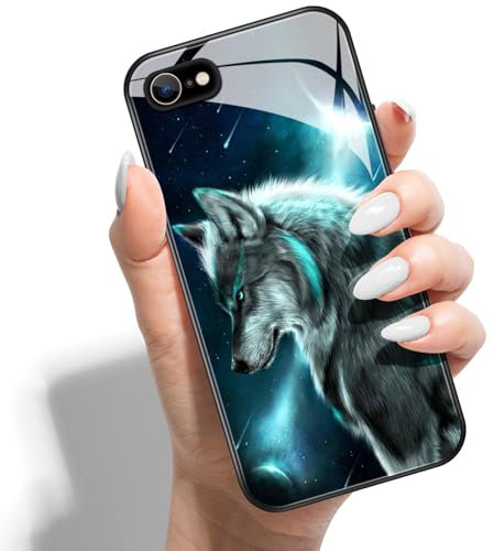 Phone Case for iPhone SE (2022) / SE 2020/8 / 7 Hard Back Cover Printed Pattern Design Hybrid PC + HD Glass Soft TPU Bumper - Sky Wolf