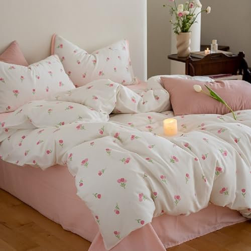 Sedefen Housse de Couette 140x200 cm Blanc Rose Tulipes Feuilles Fleurs Ado Adultes Parure de Lit 1 Personne avec Fermeture Éclair Housse Couette en Microfibre avec 1 Taie d'oreiller 65x65 cm