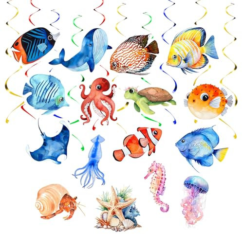 32 Stück Fisch Deko Tropische Hängende Wirbel Decke Dekor Meerestiere Girlanden Unterwasserwelt Dekorationen Ozean Thema Party Zubehör für Jungen Mädchen Geburtstag