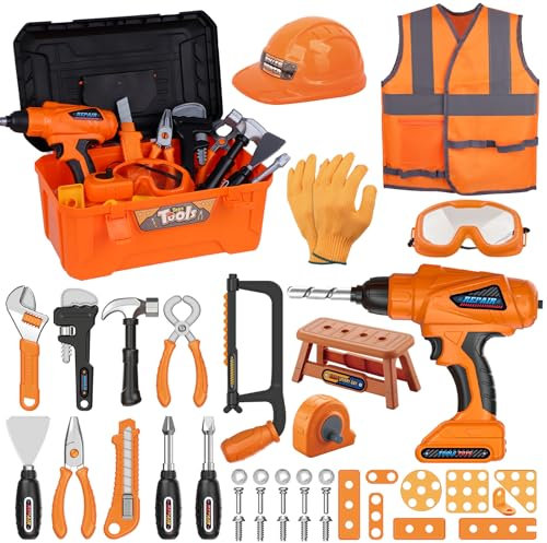 Magic4U Outils Enfant Boite a Outil, Outils de Travail Jouet Enfants Constructions Boîte à Outils avec Perceuse Jeu D'imitation Jeu Éducatif Anniversaire Noël Cadeau pour Enfants 3 4 5 6 7 8 Ans