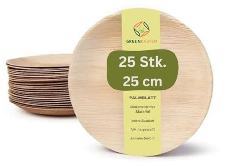 Greenkaufen 25 cm 25 Stück Premium Bio groß runde Palmblatt Teller - Kompostierbar Einweggeschirr - Umweltfreundliches Palmblatt Geschirr - ähnl. pappteller und Bambus Teller Einweg