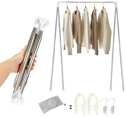 Perchero portátil plegable, tendedero telescópico de 13 a 28 pulgadas, perchero de viaje ajustable para lavandería en casa, camping, viajes al aire libre (con perchas plegables y pinzas para la ropa)