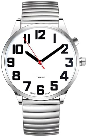 RUNCAR Men’s English Talking Watch(Silver) Clear Loud Voice: Time, Date & Alarm Announcements | Stretch Band | Perfect for Seniors, Visually Impaired & Blind Users