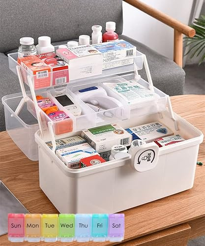 NCRGB Weiß Medikamentenbox Aufbewahrung 39×22×28 cm,3-stöckige Apothekerschrank Hausapotheke Medizinbox,Aufbewahrungsboxen mit Deckel Groß Box Abschließbar,Medikamentenkoffer Für Schlafzimmer,Büro
