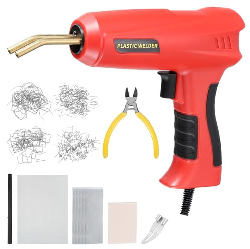 sourcing map Plastic Welder Kit 200W Soldering Gun with 200pcs 4 Type Hot Staplers & Pliers & Rods Kits Plastic Welding Machine for Car Bumper Repair Most Plastic Repair, Red