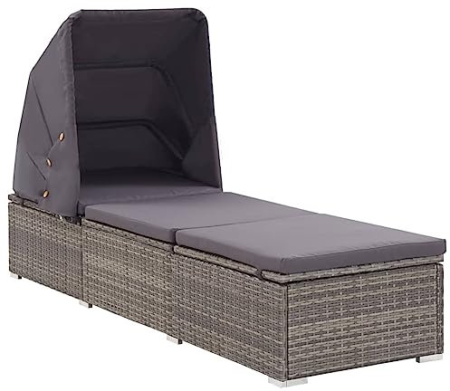 Xichuzi Sonnenliege mit Sonnenschutz und Auflagen Poly Rattan Grau, Gartenliege, Liegestuhl, Sonnenstuhl, Sonneninsel Outdoor, Liegen, Gartenmöbel, Bäderliege, Relaxliege - 46248