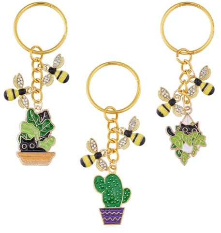 SUPERFINDINGS 3 Styles Cute Bee Keychain Bumble Bee Keyring with Cat Leaf Cactus Pendants Alloy Enamel Honeybee Charm Pendant Keychain for Women Key Purse Handbag Accessories