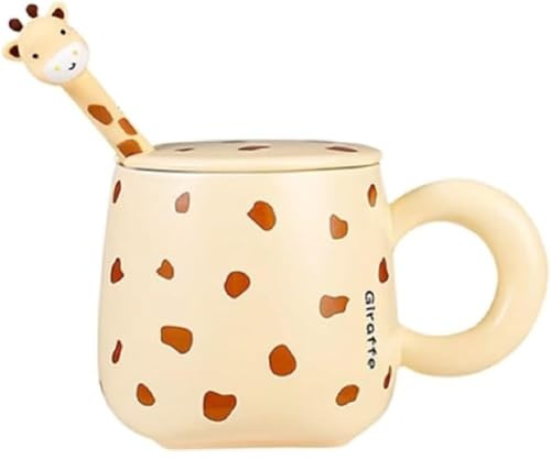 Huiyiwert Taza de café de jirafa de dibujos animados Taza de cerámica con tapa y cuchara Lindo diseño de jirafa Taza de café Taza de té Regalos divertidos para niños, niñas, mujeres, hombres, amigos