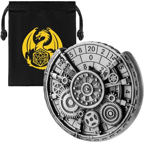 Zahnrad D&D Radwürfel Spinner, Zahnrad Metallische DND Würfel, Roulette Würfel Spinner für DND Würfelset, D&D Geschenke mit Drachen Logo Geschenktüte, Rollenspiel Brettspiel Zubehör, Dunkel Silber